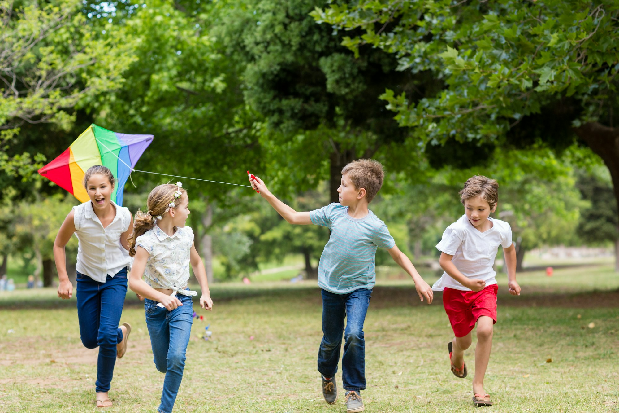 Kids playing with a kite in park